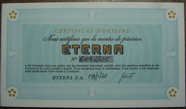 Certificat d'Origine Eterna